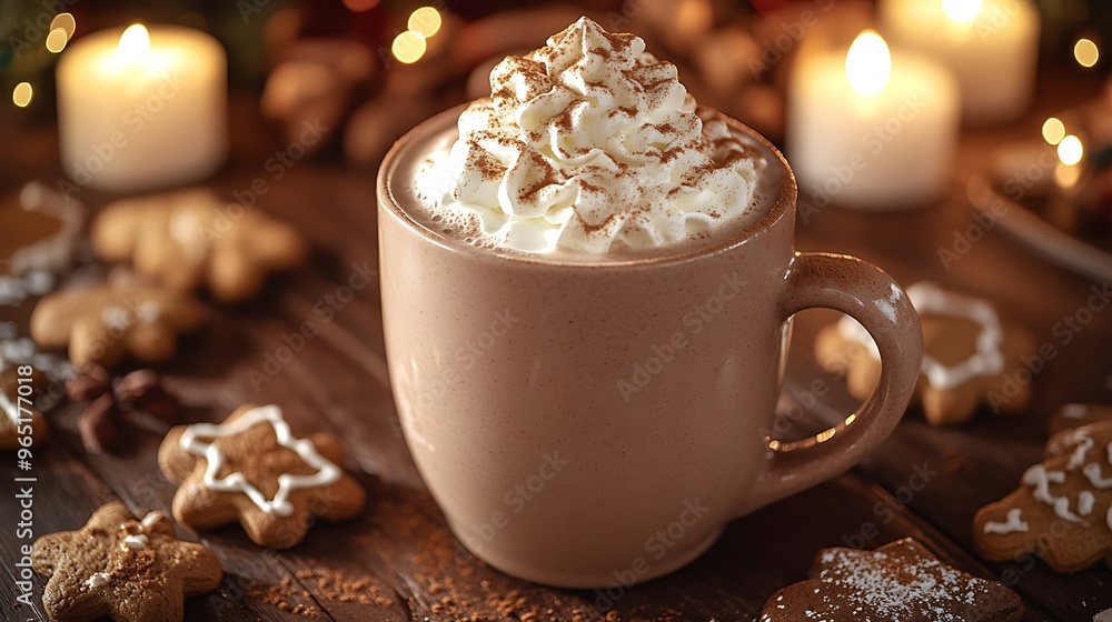 A close-up of a frothy gingerbread hot chocolate topped with whipped cream and dusted with gingerbread spice, placed on a rustic wooden table with Christmas cookies around. A close-up of a frothy gingerbread hot chocolate topped with whipped cream and dusted with gingerbread spice, placed on a rustic wooden table with Christmas cookies around.