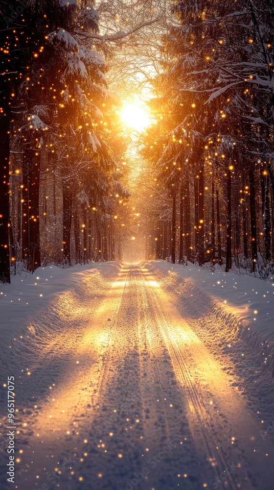 Snowy path through forest with golden light. Perfect for winter, nature, and magical imagery. Snowy path through forest with golden light. Perfect for winter, nature, and magical imagery.