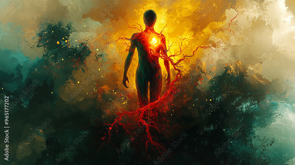 A silhouette of a figure with a glowing heart, surrounded by vibrant energy and abstract clouds, representing vitality and transformation. A silhouette of a figure with a glowing heart, surrounded by vibrant energy and abstract clouds, representing vitality and transformation.