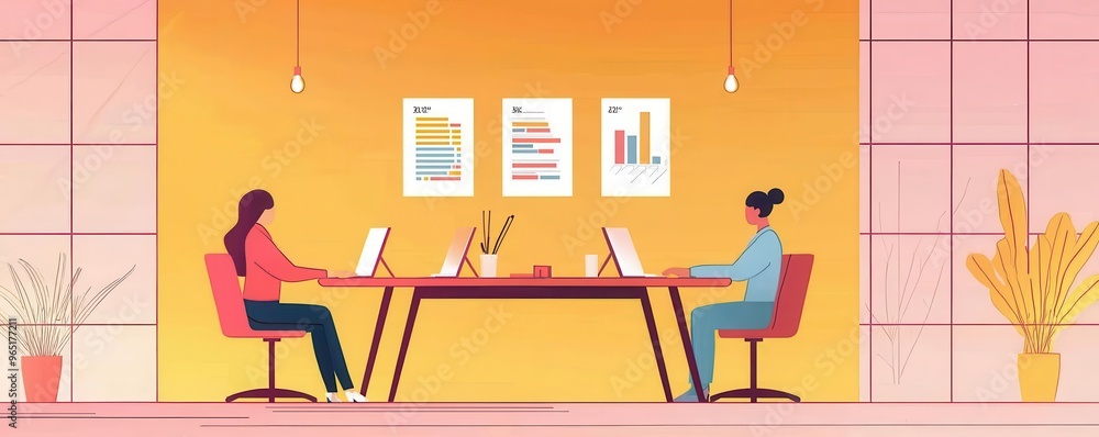 A modern workspace with two professionals collaborating at a table, surrounded by colorful decor and plants. A modern workspace with two professionals collaborating at a table, surrounded by colorful decor and plants.