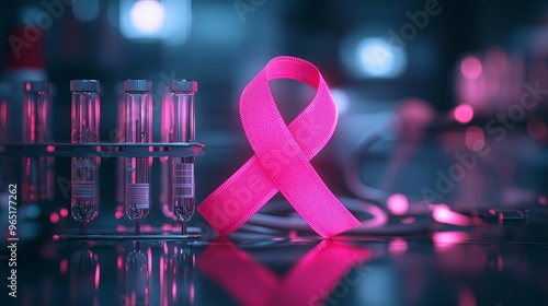 A bright pink breast cancer awareness ribbon displayed in a scientific lab alongside test tubes, symbolizing medical research efforts.