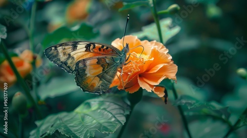 Close-up of a beautiful butterfly resting on a vibrant flower petal, detailed macro shot featuring colorful insect wings and blooming flora, ideal for nature and wildlife wallpapers photo