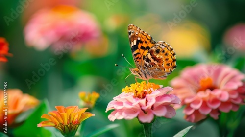 Close-up of a beautiful butterfly resting on a vibrant flower petal, detailed macro shot featuring colorful insect wings and blooming flora, ideal for nature and wildlife wallpapers photo