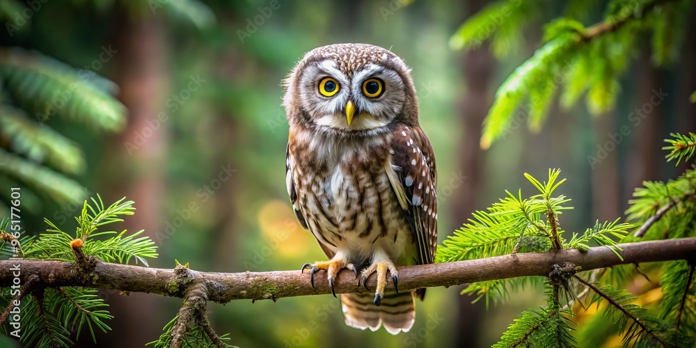In the stillness of the forest, a majestic young owl with piercing gaze surveys its surroundings from a In the stillness of the forest, a majestic young owl with piercing gaze surveys its surroundings from a