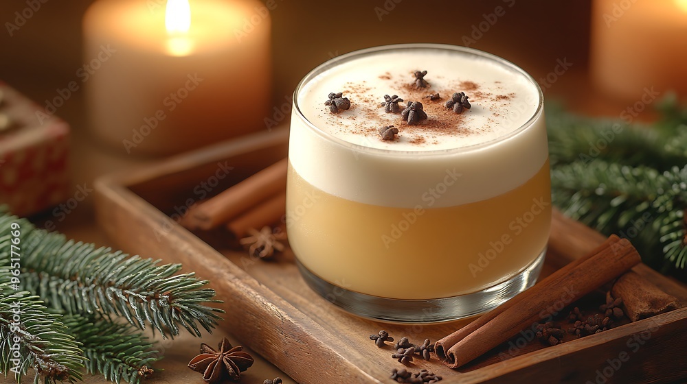 A close-up of a holiday twist on Pisco Sour, garnished with cinnamon and cloves, placed on a wooden tray with pine branches and holiday spices. Soft candlelight flickers in the background, A close-up of a holiday twist on Pisco Sour, garnished with cinnamon and cloves, placed on a wooden tray with pine branches and holiday spices. Soft candlelight flickers in the background,