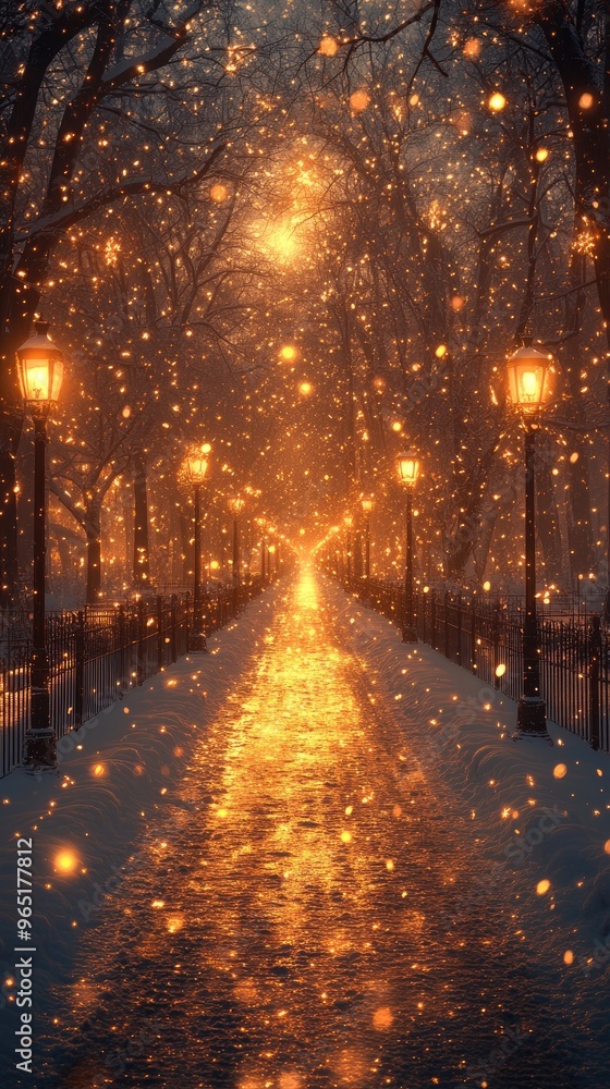 Snowy path with glowing lights. This image is perfect for projects related to winter, magic, or holidays, evoking a sense of wonder and warmth. Snowy path with glowing lights. This image is perfect for projects related to winter, magic, or holidays, evoking a sense of wonder and warmth.