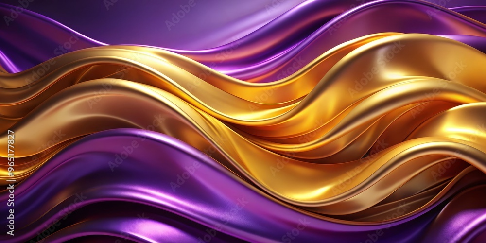 Fototapeta premium Golden and Purple Waves Abstract Background, 3D render, texture, liquid, abstract art