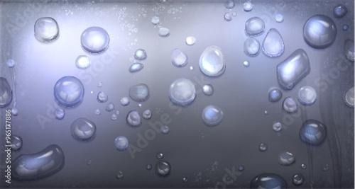 Rain water drop on glass surface. Realistic 3d vector background of window with droplet and steam texture. Grey and purple gradient backdrop with transparent clear liquid bubbles and waterdrops.