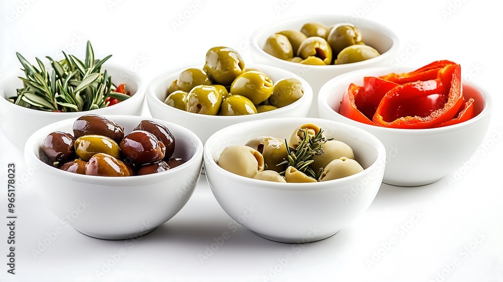 Variety of olives and roasted peppers in white bowls Variety of olives and roasted peppers in white bowls