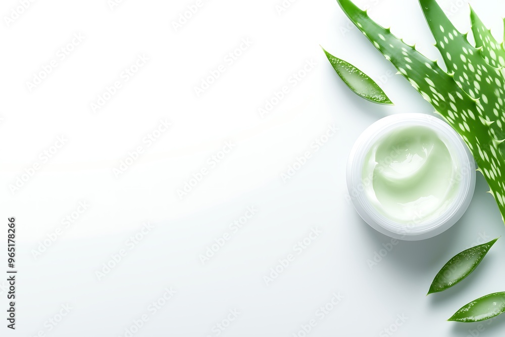 Aloe vera leaves and moisturizing cream on white background Aloe vera leaves and moisturizing cream on white background