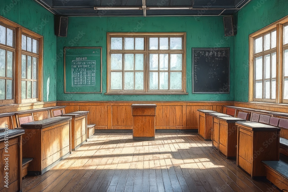 Empty classroom with wooden desks and benches. This image depicts a traditional schoolroom setting, perfect for illustrating education, learning, or nostalgia. Empty classroom with wooden desks and benches. This image depicts a traditional schoolroom setting, perfect for illustrating education, learning, or nostalgia.