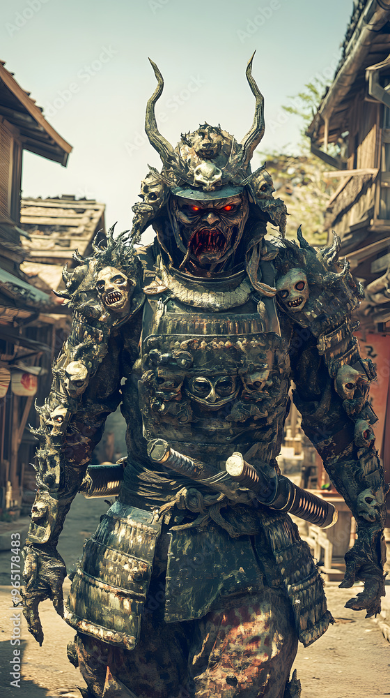 Fototapeta premium A samurai wearing menacing armor made from oni material, with a helmet, walking through an Edo period town during bright daylight