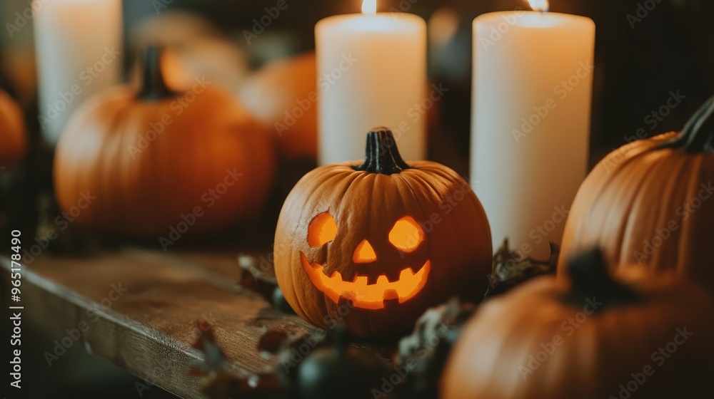 Halloween Pumpkins And Candles On Wooden. Halloween Pumpkins And Candles On Wooden.