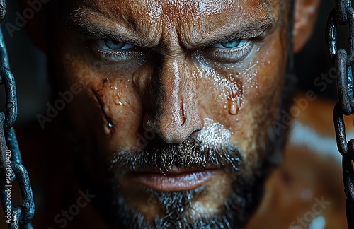 Intense portrait of muscular man holding heavy chains