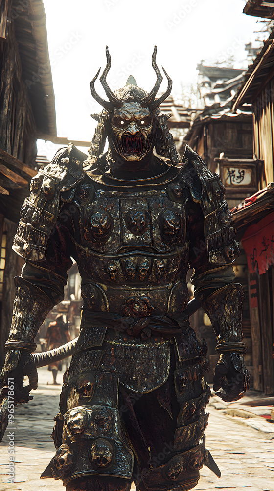 Fototapeta premium A samurai wearing menacing armor made from oni material, with a helmet, walking through an Edo period town during bright daylight