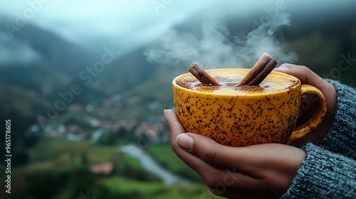 A close-up of someone holding a steaming mug of canelazo, cinnamon sticks floating inside, with softly blurred Ecuadorian mountain scenery in the background. Natural light creates a warm, serene mood.