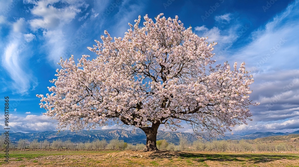Cherry tree in full bloom with mountains and puffy clouds in background Cherry tree in full bloom with mountains and puffy clouds in background