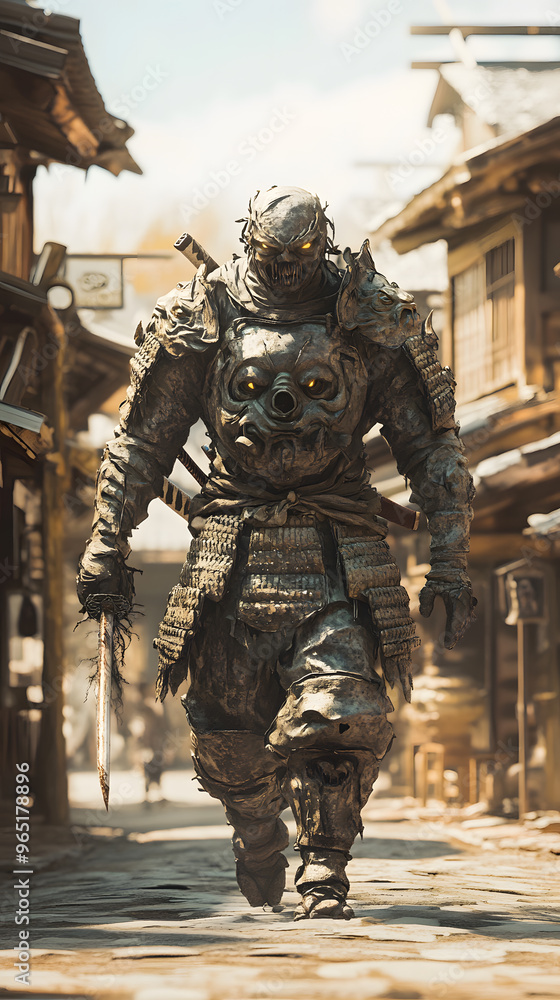 A samurai wearing menacing armor made from oni material, with a helmet, walking through an Edo period town during bright daylight A samurai wearing menacing armor made from oni material, with a helmet, walking through an Edo period town during bright daylight