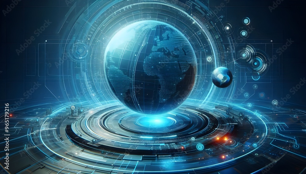Fototapeta premium Creative bright blue tech wallpaper with linear circle. Innovation and technology concept. 3D Rendering.