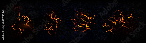 Dark ground surface with crack and glowing lava. Realistic 3d vector illustration of magma in broken cracked rock floor. Earthquake and volcano destruction fracture texture with luminous effect.