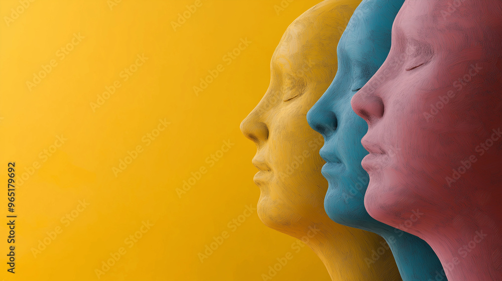 A colorful illustration featuring diverse human faces represented in yellow, blue, and pink tones, conveying themes of support and emotional connection, copy space A colorful illustration featuring diverse human faces represented in yellow, blue, and pink tones, conveying themes of support and emotional connection, copy space
