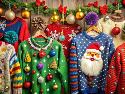 Festive holiday scene featuring an array of colorful, kitschy, and humorous ugly Christmas sweaters adorned with pom-poms, sequins, and festive holiday motifs on display. photo