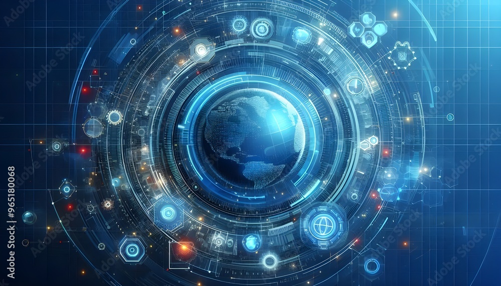 Creative bright blue tech wallpaper with linear circle. Innovation and technology concept. 3D Rendering. Creative bright blue tech wallpaper with linear circle. Innovation and technology concept. 3D Rendering.