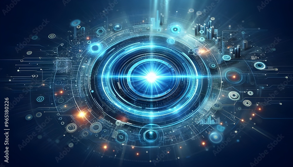 Obraz premium Creative bright blue tech wallpaper with linear circle. Innovation and technology concept. 3D Rendering.