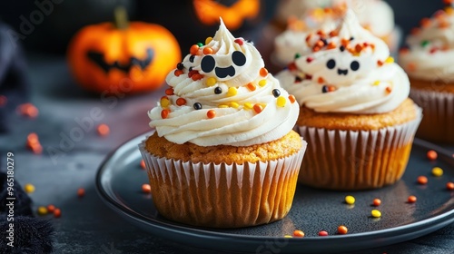 Delightful pumpkin cupcakes with creamy frosting and festive Halloween sprinkles on a spooky-themed plate.