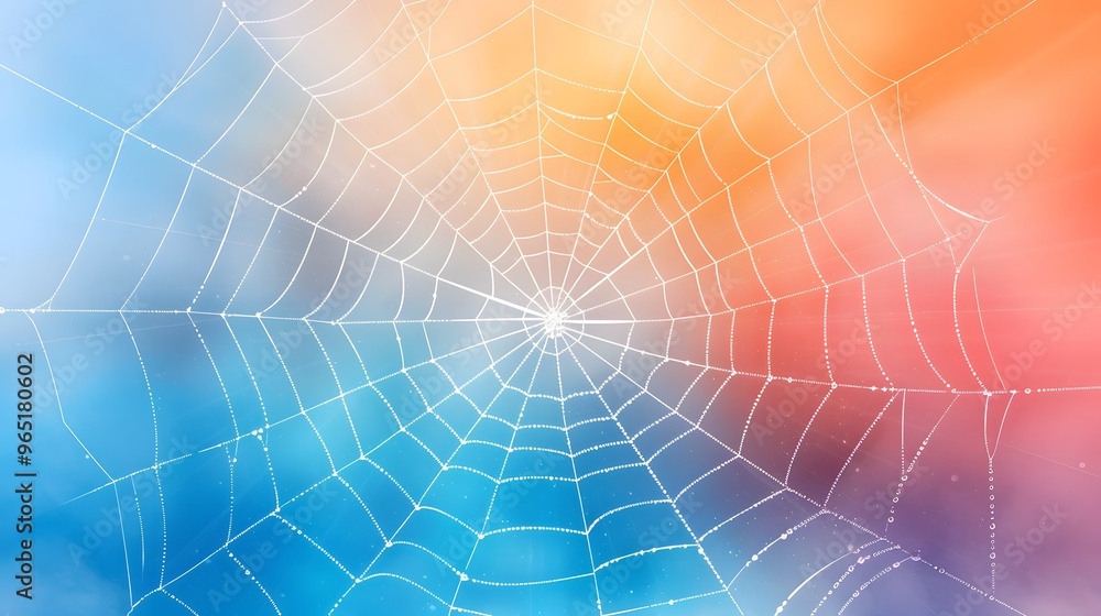 A mesmerizing spider web captured against a dreamy blurred gradient background of blue and orange hues. A mesmerizing spider web captured against a dreamy blurred gradient background of blue and orange hues.