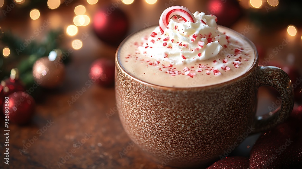 A festive peppermint mocha topped with a swirl of whipped cream and garnished with a candy cane, served in a cozy holiday mug. The background features softly glowing Christmas lights and decorations, A festive peppermint mocha topped with a swirl of whipped cream and garnished with a candy cane, served in a cozy holiday mug. The background features softly glowing Christmas lights and decorations,
