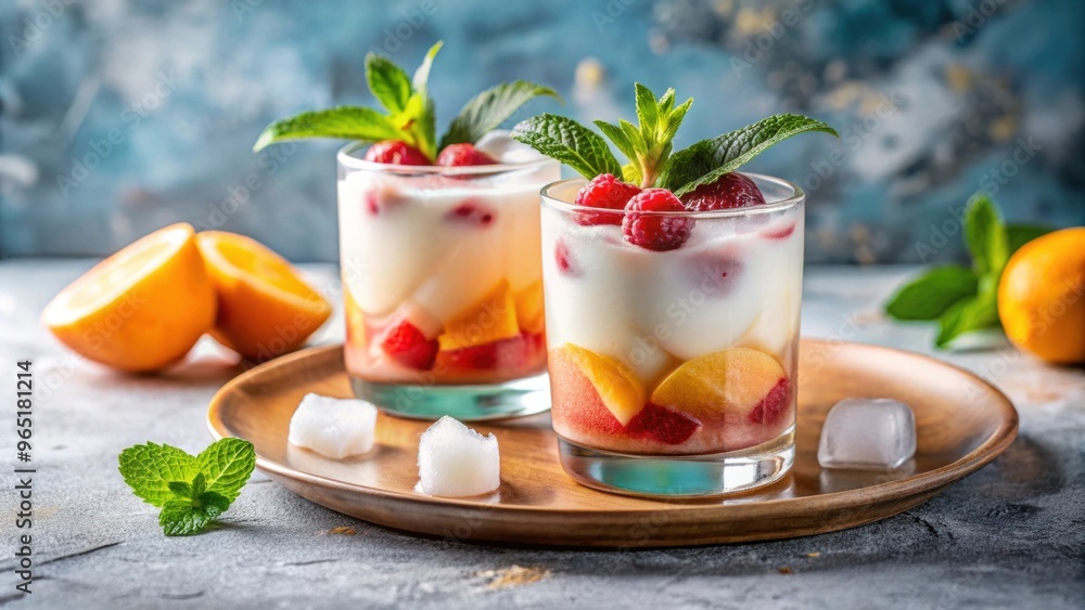 Two glasses of fruity cocktails with ice served on a plate with coconut milk, fruity, cocktails, glasses, ice, plate Two glasses of fruity cocktails with ice served on a plate with coconut milk, fruity, cocktails, glasses, ice, plate