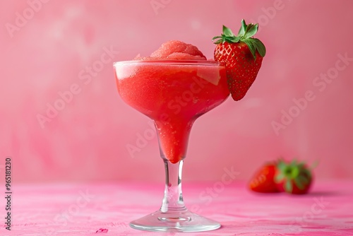 Strawberry daiquiri cocktail in stemmed glass with strawberry garnish