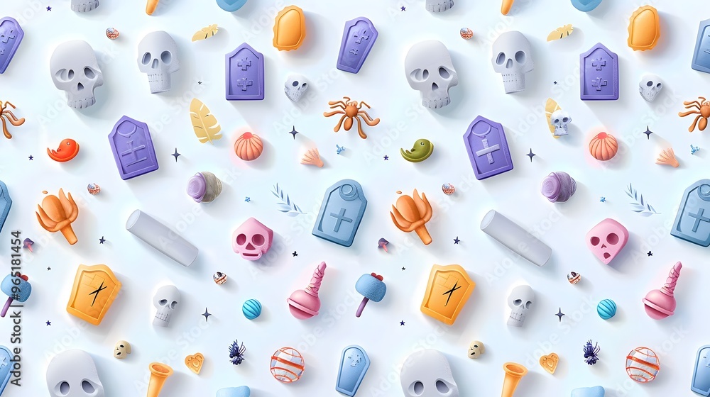 A playful flat lay of Halloween-themed decorations including skulls, tombstones, and colorful candies. A playful flat lay of Halloween-themed decorations including skulls, tombstones, and colorful candies.