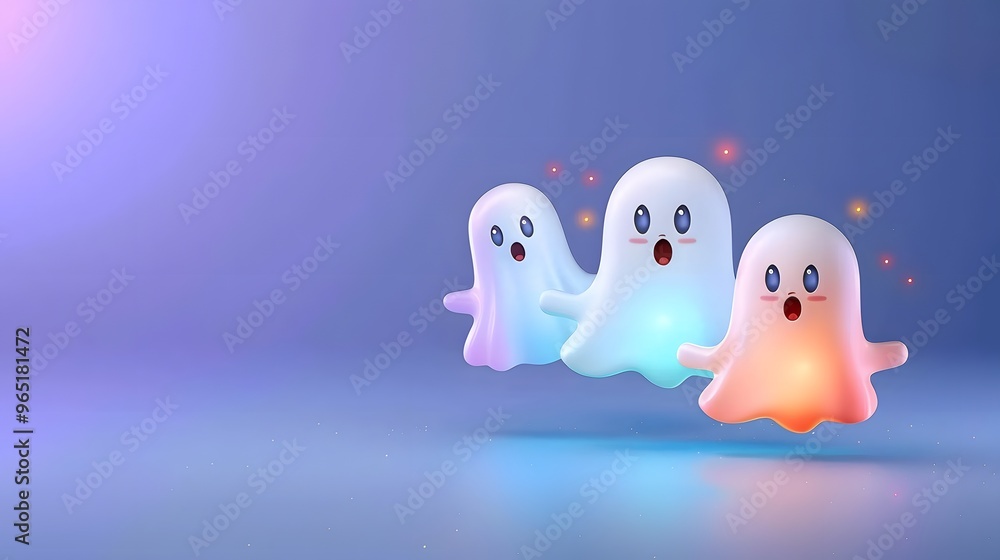 Colorful and playful ghost characters with glowing effects, perfect for Halloween themes or fun illustrations. Colorful and playful ghost characters with glowing effects, perfect for Halloween themes or fun illustrations.