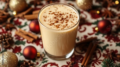 A flat-lay composition of a glass of eggnog on a holiday-themed tablecloth, surrounded by spices like cinnamon and nutmeg, with holiday ornaments scattered around. Warm,