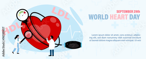 Poster concept awareness of Blood pressure with doctor treatment and care, wording of event on blue background. Poster's campaign of world heart day in flat style and vector design.