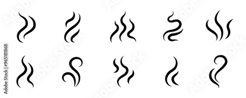 Smoke steam icon vector logo set. Smoke smell, steam aroma heat icon illustration. Hot vapor fire doodle line logo. Hit stink, coffee, fragrance flame elements. Vector illustration.