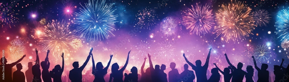 Silhouette of a crowd celebrating under a spectacular fireworks display in a vibrant night sky, perfect for festive and celebration themes. Silhouette of a crowd celebrating under a spectacular fireworks display in a vibrant night sky, perfect for festive and celebration themes.