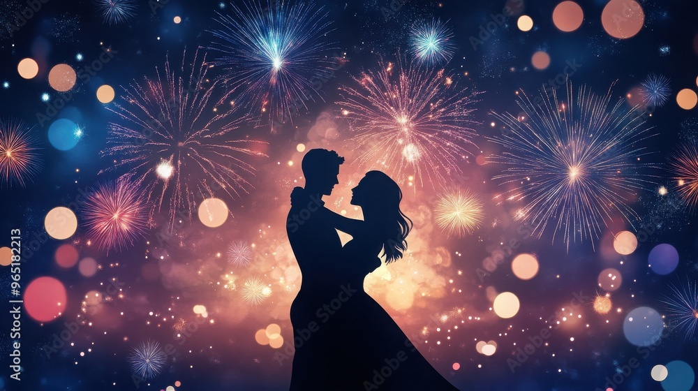 Silhouetted couple dancing under a vibrant fireworks display, creating a magical and romantic atmosphere, perfect for celebrations and special events. Silhouetted couple dancing under a vibrant fireworks display, creating a magical and romantic atmosphere, perfect for celebrations and special events.