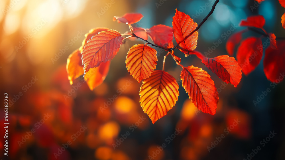 Autumn leaves in shades of red and gold illuminated by bright sunlight with blurred woods Autumn leaves in shades of red and gold illuminated by bright sunlight with blurred woods