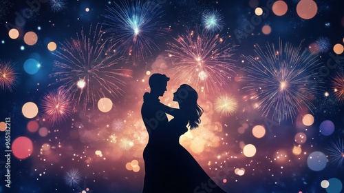 Silhouetted couple dancing under a vibrant fireworks display, creating a magical and romantic atmosphere, perfect for celebrations and special events.