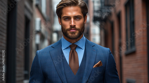 Confident man in a stylish suit poses in an urban alley, showcasing modern fashion and charisma. photo