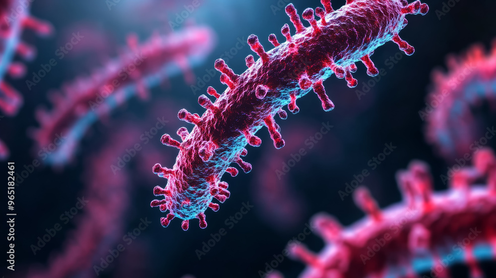 Chains of bacteria glowing in vibrant blues and reds under microscopic examination on a dark backdrop Chains of bacteria glowing in vibrant blues and reds under microscopic examination on a dark backdrop