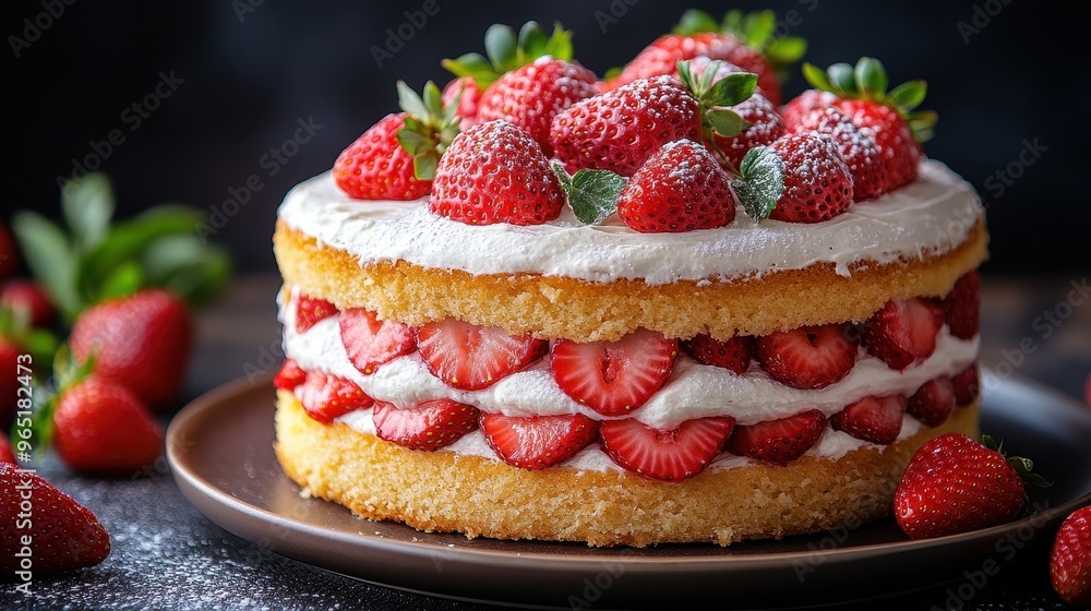 Delicious Strawberry Cake with Fresh Strawberries on a Plate Against Dark Background
Delicious Strawberry Cake with Fresh Strawberries on a Plate Against Dark Background