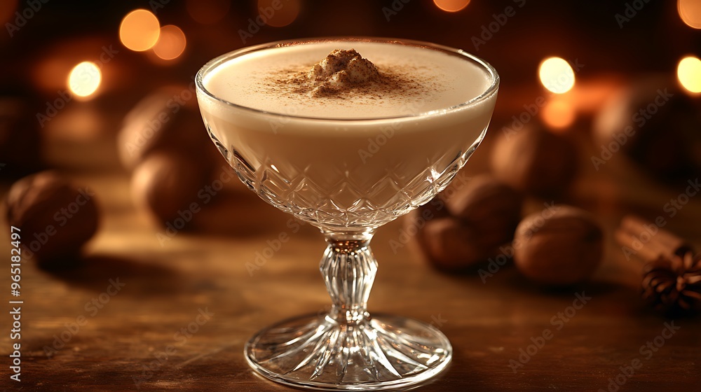 A frothy Brandy Alexander served in a crystal coupe, topped with delicate sprinkles of nutmeg. The background features a softly glowing bar with warm, ambient lighting, A frothy Brandy Alexander served in a crystal coupe, topped with delicate sprinkles of nutmeg. The background features a softly glowing bar with warm, ambient lighting,