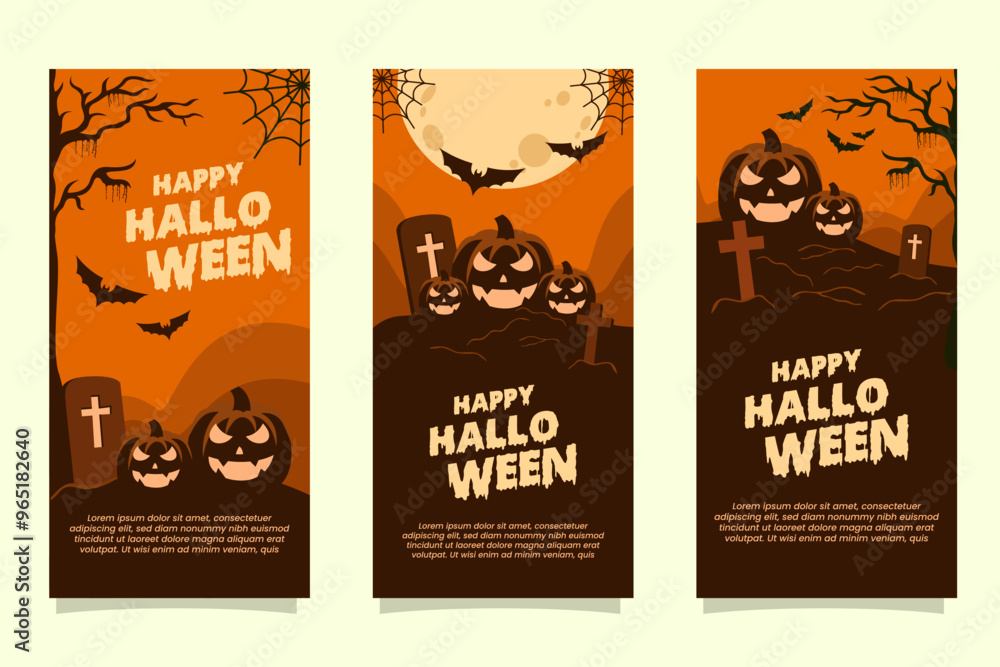 Halloween banner stories background social media scary scene with pumpkin, haunted house, tombsctone Halloween banner stories background social media scary scene with pumpkin, haunted house, tombsctone