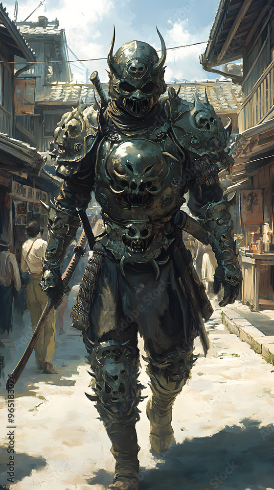 A samurai wearing menacing armor made from oni material, with a helmet, walking through an Edo period town during bright daylight A samurai wearing menacing armor made from oni material, with a helmet, walking through an Edo period town during bright daylight