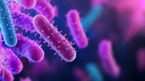 Detailed bacteria clusters with semi transparent membranes in various colors against a blurred background 