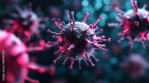 Detailed viruses with tentacle like structures in electric colors on a textured dark background  photo